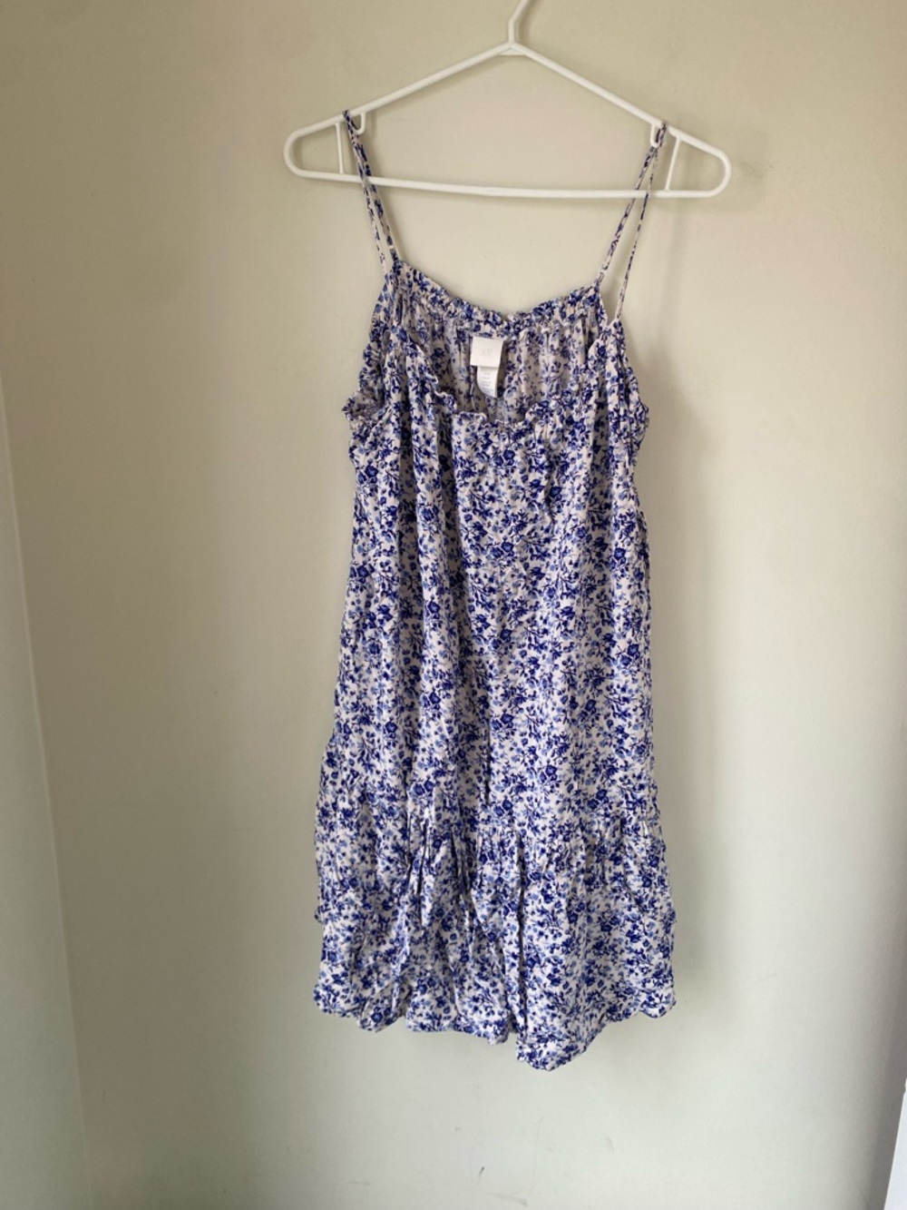 H&M Blue Floral Sun Dress Spaghetti Strap Large Boho Chic Coquette